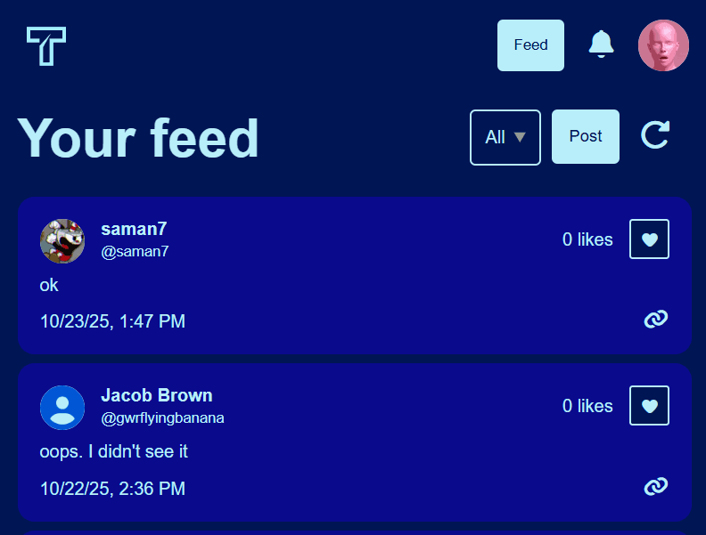 Project with friends, social media platform akin to Twitter.